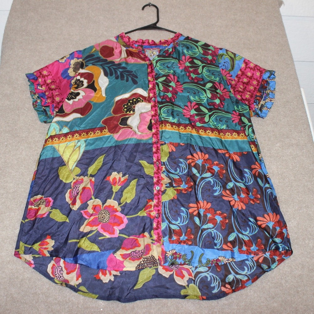 Johnny Was Silk Patchwork Floral Button Down Blouse Top C27123A-7 Large Multi